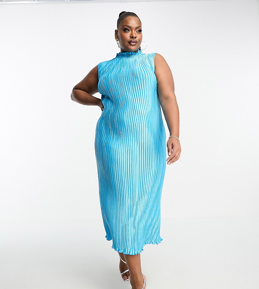 Asos Curve Asos Design Us Exclusive Curve Satin Plisse Midi Dress With High Neck In Turquoise-blue