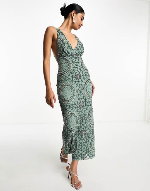 ASOS DESIGN US Exclusive embellished plunge midi dress with tie back detail  in dark green