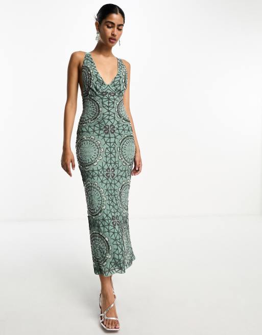 ASOS DESIGN US Exclusive embellished plunge midi dress with tie back detail  in dark green