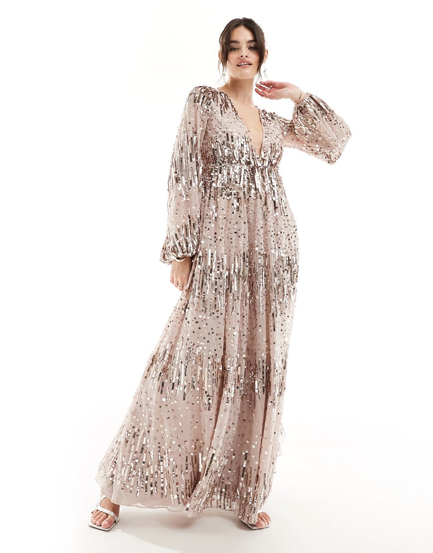 Asos Design Us Exclusive Embellished Scatter Sequin Plunge Maxi Dress With Balloon Sleeve In Light Pink