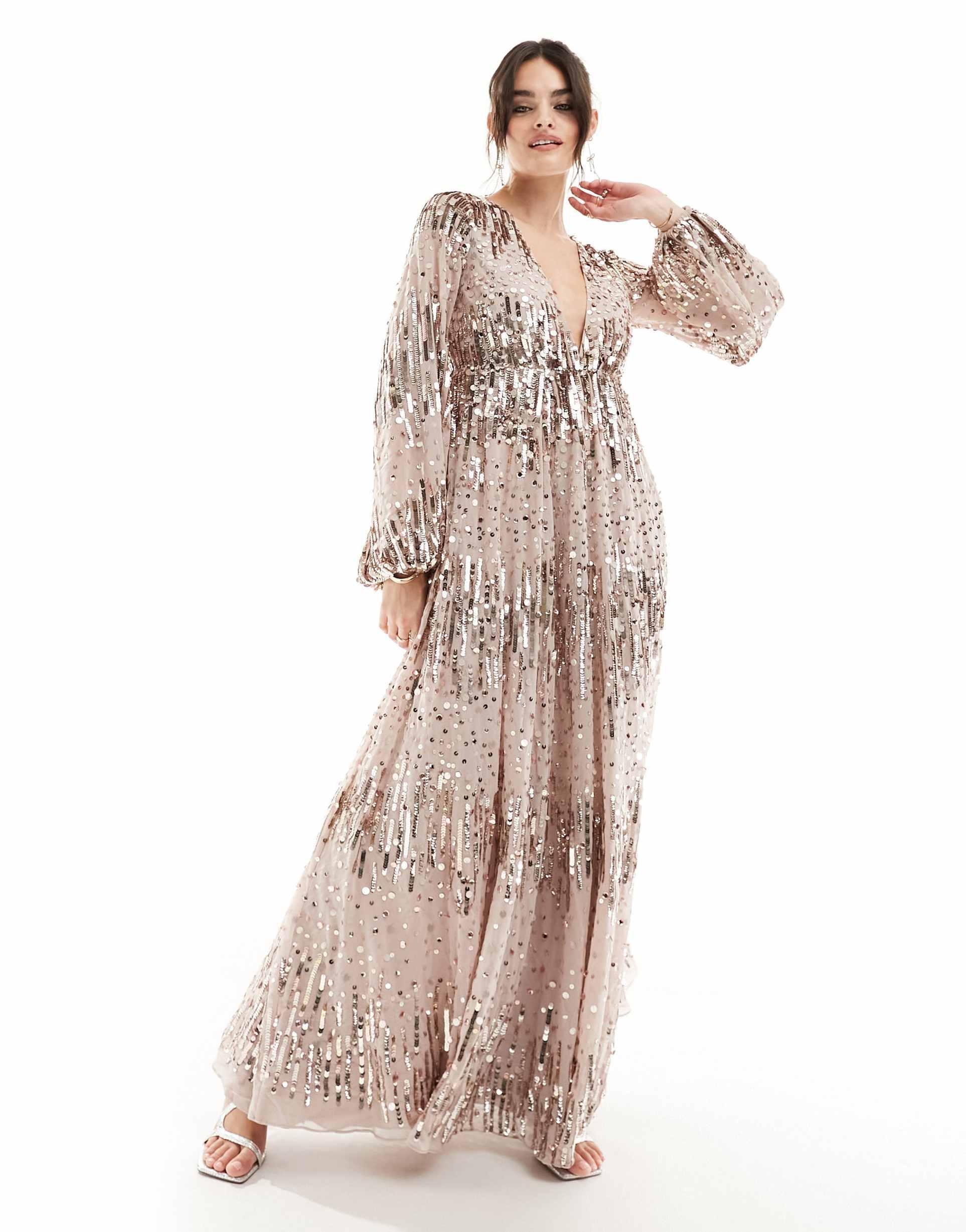 asos design us exclusive embellished scatter sequin plunge maxi dress with balloon sleeve in light pink