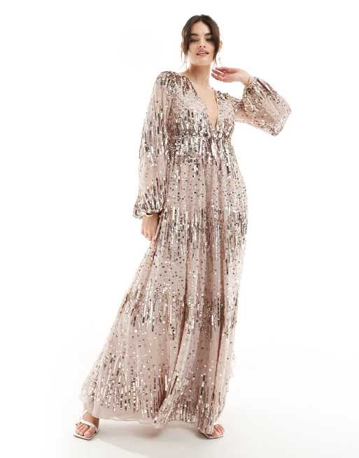 ASOS DESIGN US Exclusive embellished scatter sequin plunge maxi dress with balloon sleeve in light pink