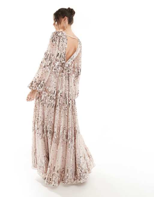 ASOS DESIGN US Exclusive embellished scatter sequin plunge maxi dress with balloon sleeve in light pink