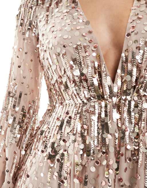 ASOS DESIGN US Exclusive embellished scatter sequin plunge maxi dress with balloon sleeve in light pink