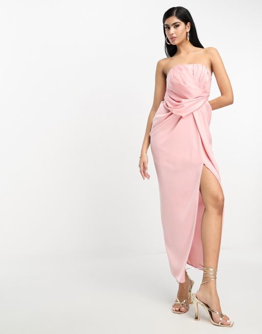 ASOS Design Draped Strapless Midi Dress in Light Pink