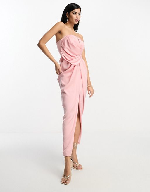 ASOS Design Satin Bandeau Midi Dress with Cowl Back in Hot Pink