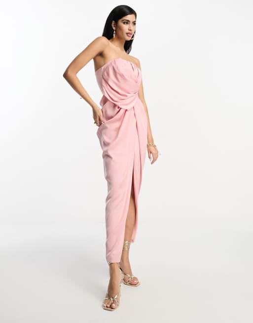 ASOS Design Satin Bandeau Midi Dress with Drape Twist Detail in Hot Pink