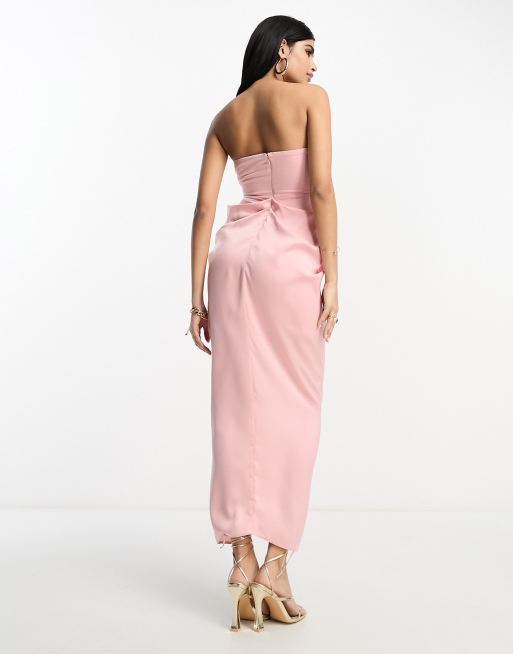 ASOS Design Satin Bandeau Midi Dress with Drape Twist Detail in Hot Pink