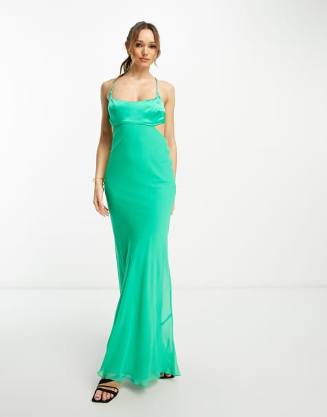 ASOS DESIGN US Exclusive satin mix cami cut out waist maxi dress with cross strap detail in bright green