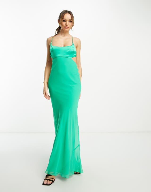 ASOS DESIGN US Exclusive satin mix cami cut-out waist maxi dress with cross strap detail in bright green