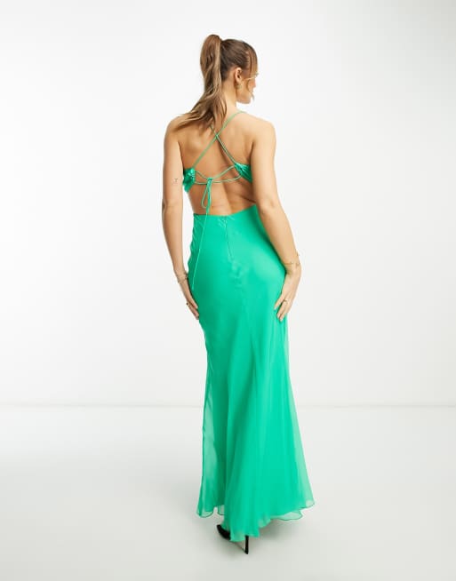 ASOS DESIGN US Exclusive satin mix cami cut out waist maxi dress with cross strap detail in bright green