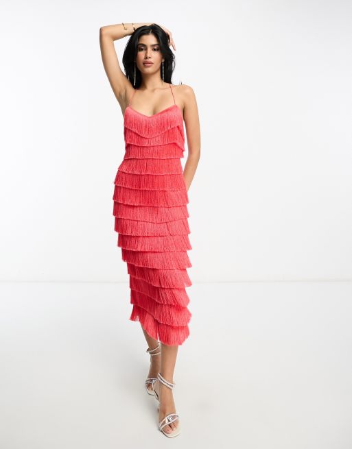 ASOS Design US Exclusive Tiered Midi Fringed Dress with Cross Back Detail in Hot Pink