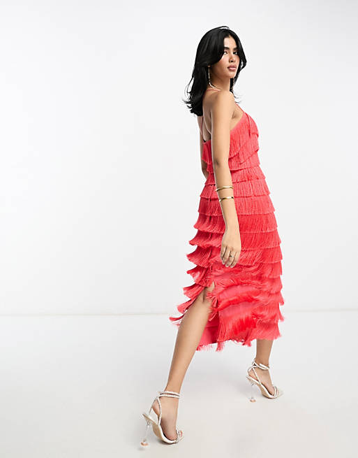 ASOS DESIGN US Exclusive tiered midi fringed dress with cross back detail  in hot pink