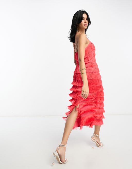 ASOS Design US Exclusive Tiered Midi Fringed Dress with Cross Back Detail in Hot Pink