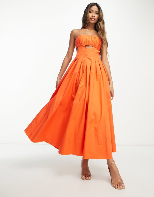 ASOS DESIGN – Usztywniana bawełniana sukienka midi z marszczonym dekoltem i spódnicą z zakładkami w pomarańczowym kolorze