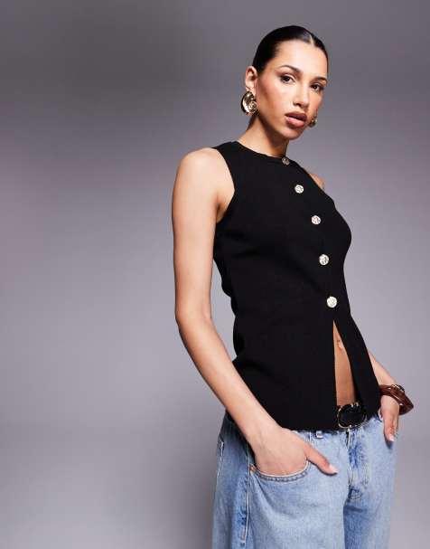 ASOS DESIGN knitted crew neck structured waistcoat with gold button detail in black