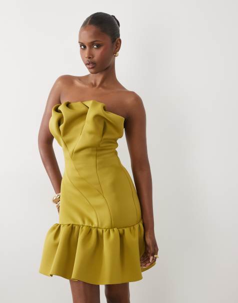 ASOS DESIGN – Usztywniana sukienka mini z marszczonym dekoltem bardot z materiału w stylu scuba w kolorze zielonego awokado - view 1
