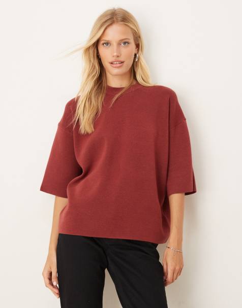 ASOS DESIGN knitted structured oversized t shirt in burgundy