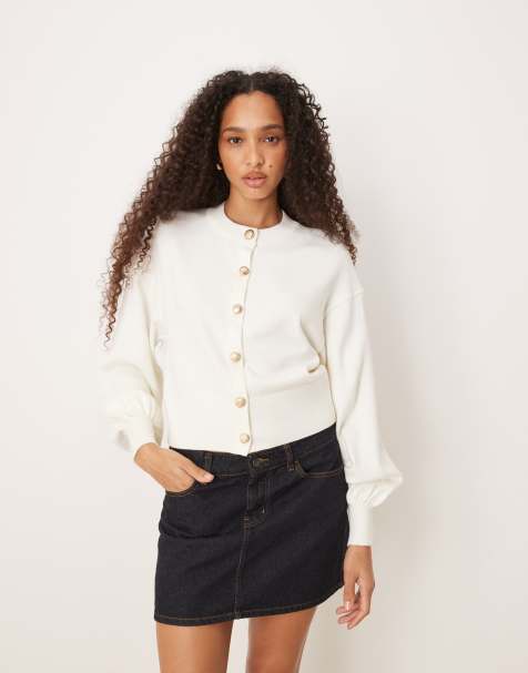 ASOS DESIGN knitted structured crew neck cardigan with gold shell buttons in cream