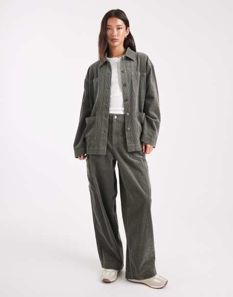 ASOS DESIGN utility barrel trousers co-ord in cord in dark green - view 1