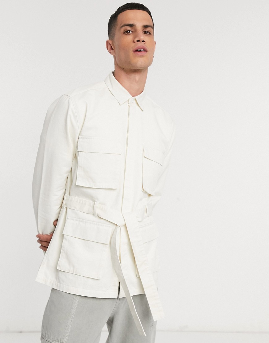 ASOS DESIGN utility belted overshirt in off white