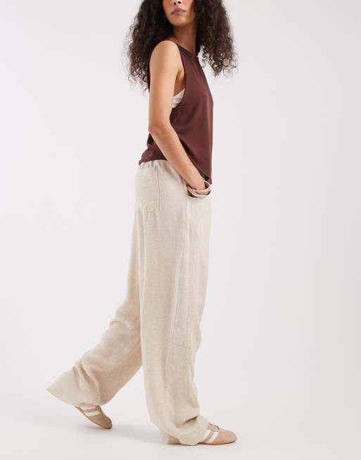 ASOS DESIGN - Utility broek van keperstof met linnenlook en elastische taille in naturel, 2 van 5