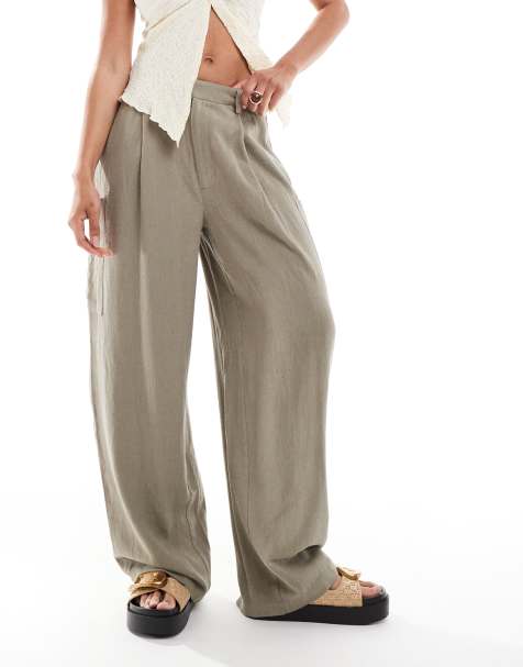 ASOS DESIGN - Utility broek van linnenmix met wijde ronde pijpen in olijfgroen - view 1