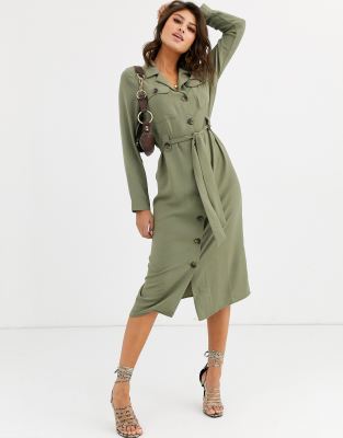 khaki shirt dress midi