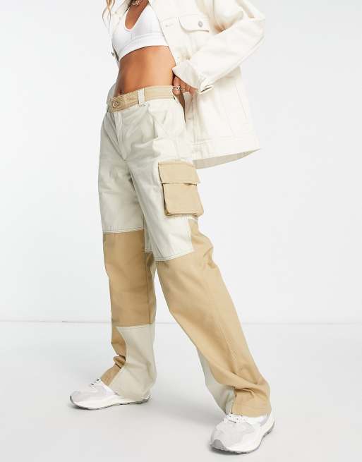 ASOS DESIGN - Utility cargobroek met patchwork in beige