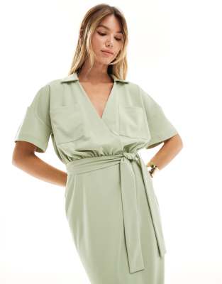 ASOS DESIGN utility collared belt bodycon midi dress in sage green | ASOS