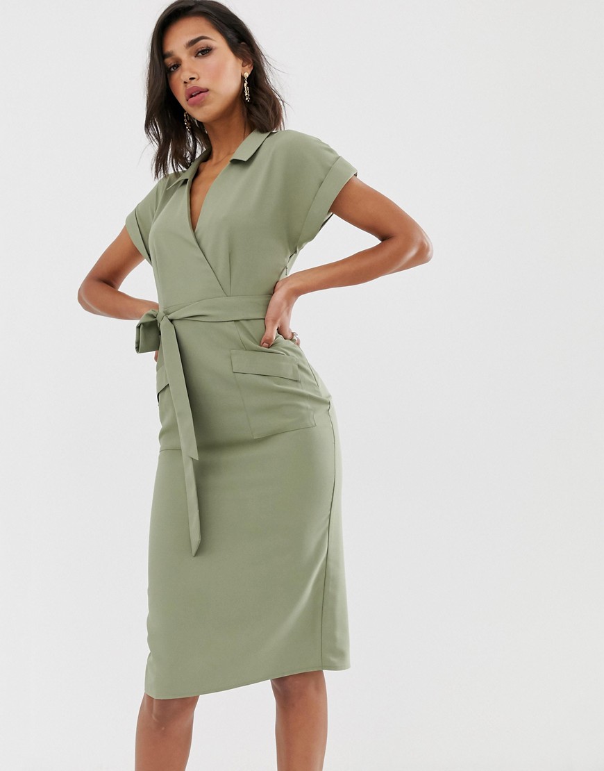 ASOS DESIGN utility collared wrap midi dress with belt-Green