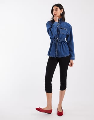 Asos Design Utility Denim Jacket With Cinched Waist In Blue