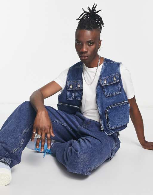 ASOS DESIGN - Utility-denimvest i blå mellemvask 