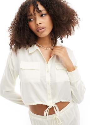 ASOS DESIGN utility detail cropped co-ord shirt in cream-White