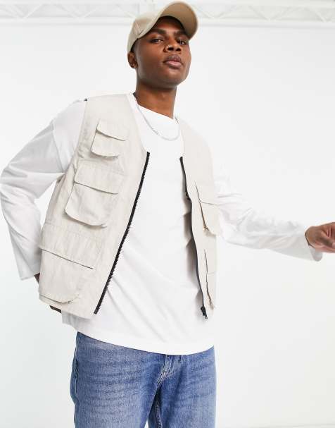 ASOS DESIGN utility gilet with back embroidery in stone - view 1