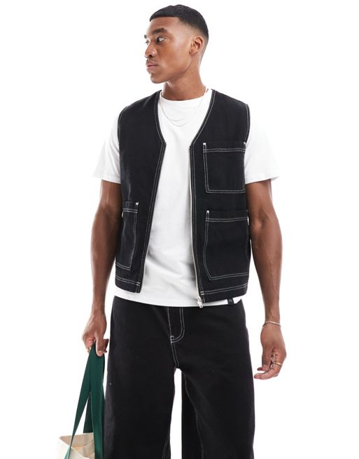 FhyzicsShops DESIGN utility gilet with contrast stitch in washed black