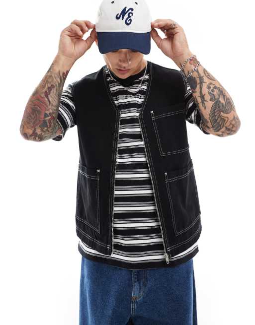 FhyzicsShops DESIGN utility gilet with contrast stitch in washed black