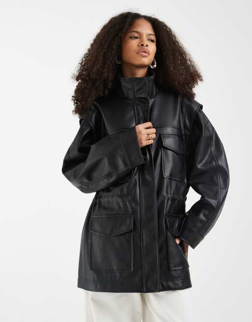 ASOS DESIGN - Utility jack met leerlook en vier zakken in zwart, 2 van 4