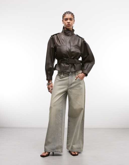 ASOS DESIGN – Utility-Jacke aus Echtleder in verwaschenem Braun mit Gürtel, 3 von 4