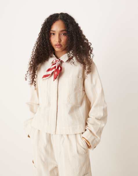 ASOS DESIGN utility jacket with pocket detail co-ord in ecru stripe - view 1