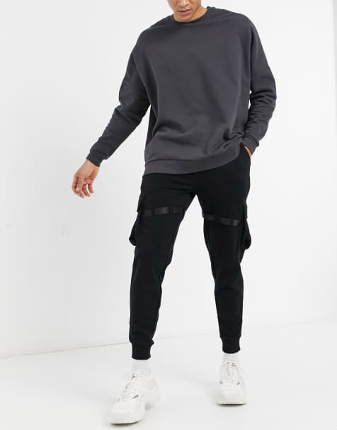 ASOS DESIGN utility trackies with multi pockets & strapping - BLACK