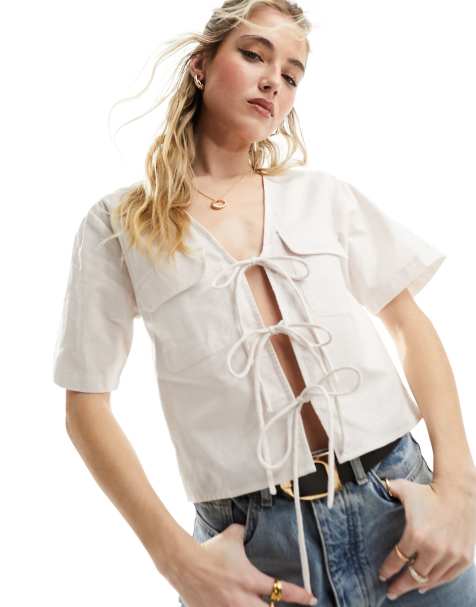 ASOS DESIGN – Utility-Leinenoberteil in Elfenbeinweiß mit Schnürdetails - view 1