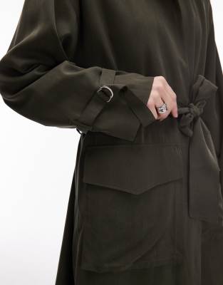 Asos Design Utility Longline Belted Trench Coat In Green