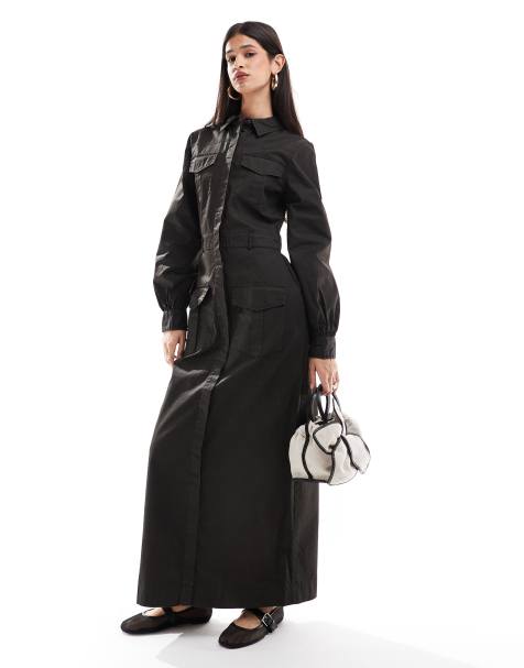 ASOS DESIGN - Utility maxi-overhemdjurk met waxcoating in donkergroen - view 1