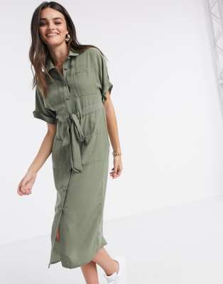 khaki shirt dress midi