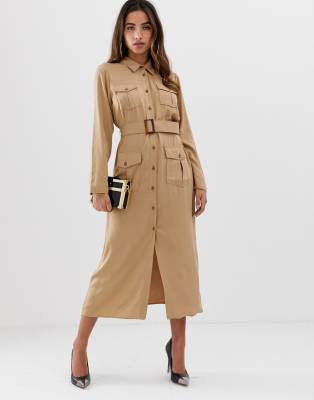 belted utility midi shirt dress