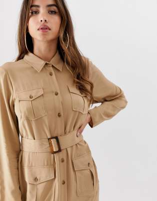 belted utility midi shirt dress