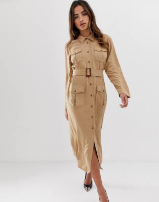 belted utility midi shirt dress