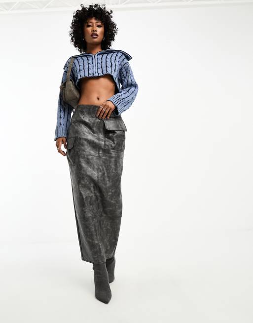 ASOS DESIGN – Utility-Midirock aus Kunstleder in verwaschenem Schwarz