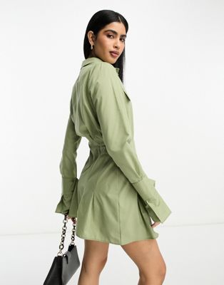 ASOS DESIGN utility mini shirt dress with nipped in waist and pocket detail in khaki